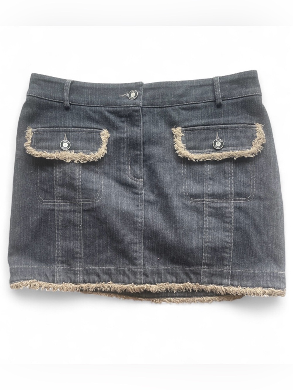 KENZIE JEANS Faux Fur Trim Denim Cargo Mini Skirt | SIZE 8 | Y2K VINTAGE